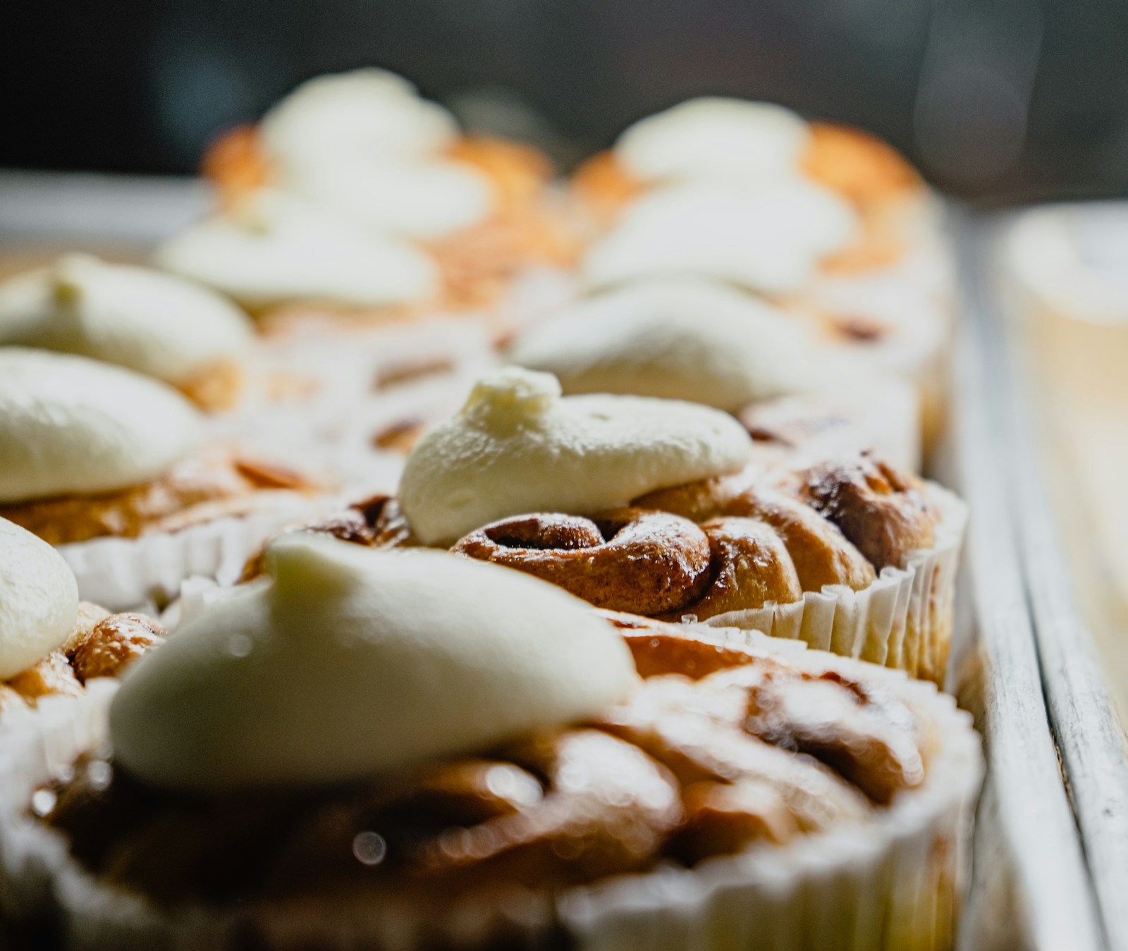 Close-up of piped chocolate cupcakes
